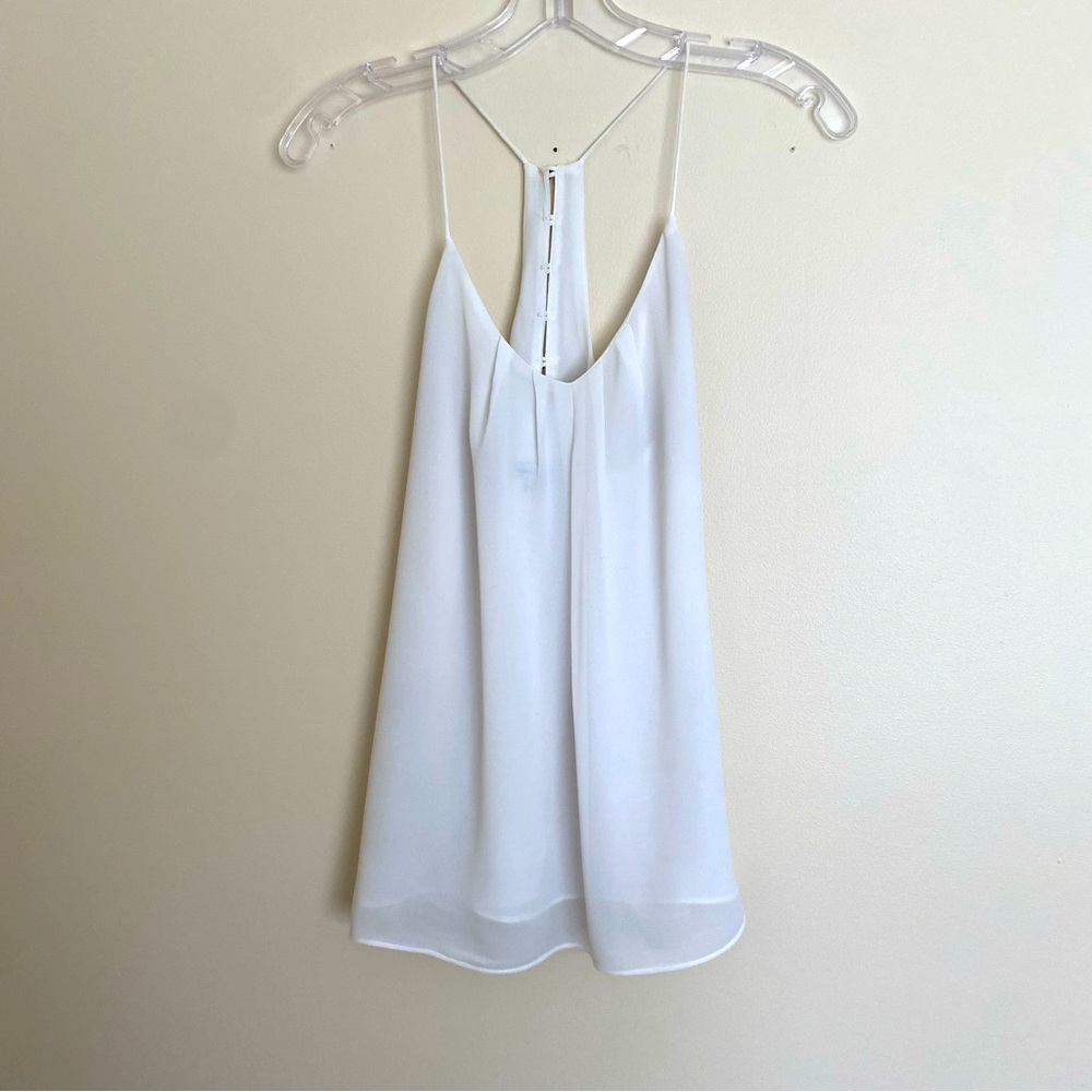 Naked Zebra white lined sheer top, spaghetti straps, buttons on back, size S